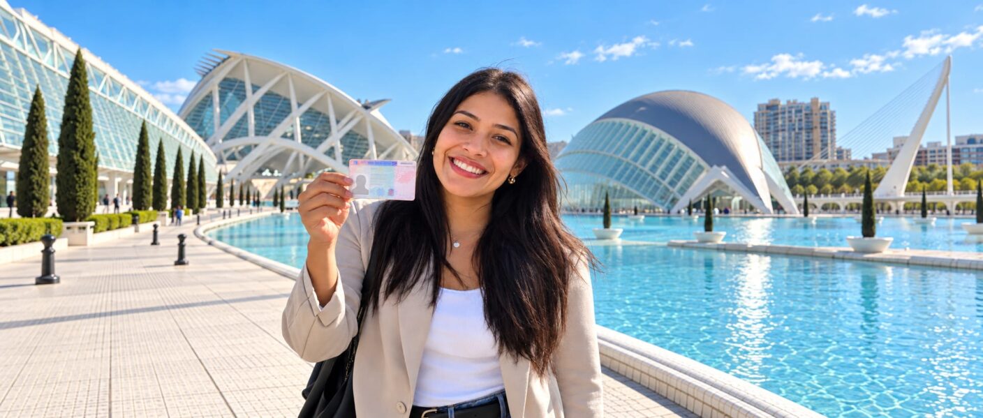 Joven alegre mientras muestra su tarjeta de residencia TIE en la Ciudad de las Artes y las Ciencias de Valencia.